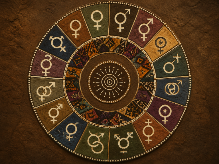 Representación de un telar con tela tipo Pano di pente originario de Guinea Bissau o Bogolan de los Bámbara. Define a su alrededor posibles iconografía determinando la diversidad de género existente en África