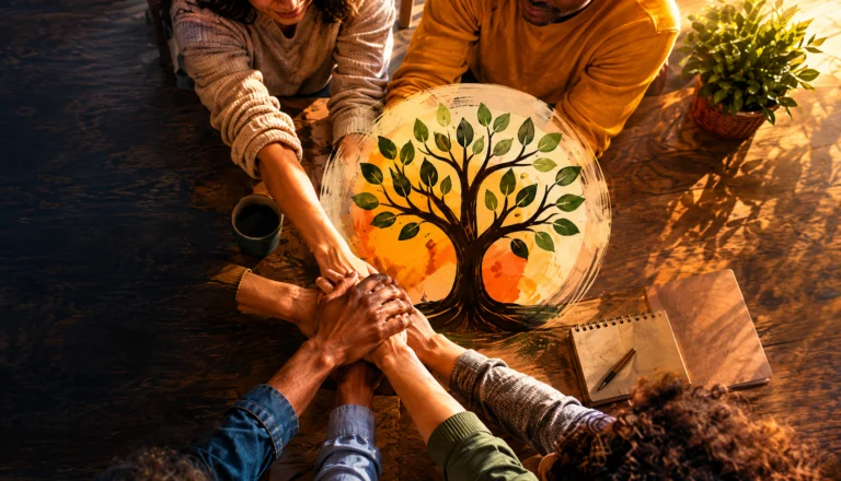 Varias manos de personas diversas unidas en círculo sobre una mesa de madera con un cuenco decorado con un árbol, cuadernos y una planta al fondo en luz natural cálida