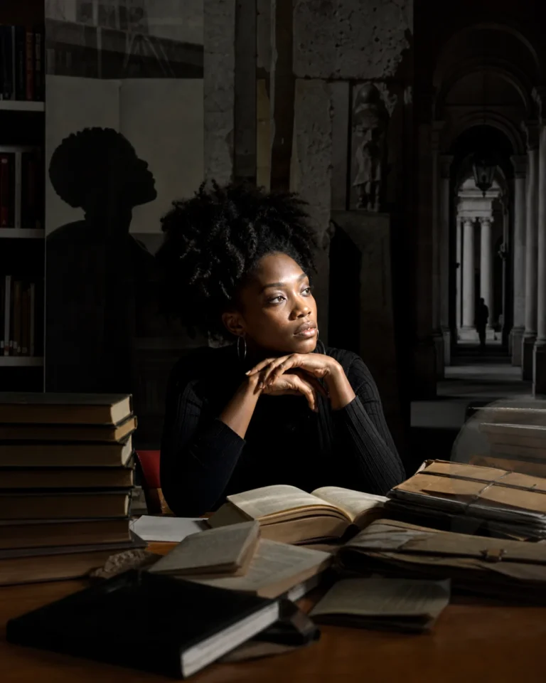 Retrato editorial inspirado en Sueli Carneiro, pensadora afrobrasileña clave del feminismo negro y autora del concepto de dispositivo de racialidade.