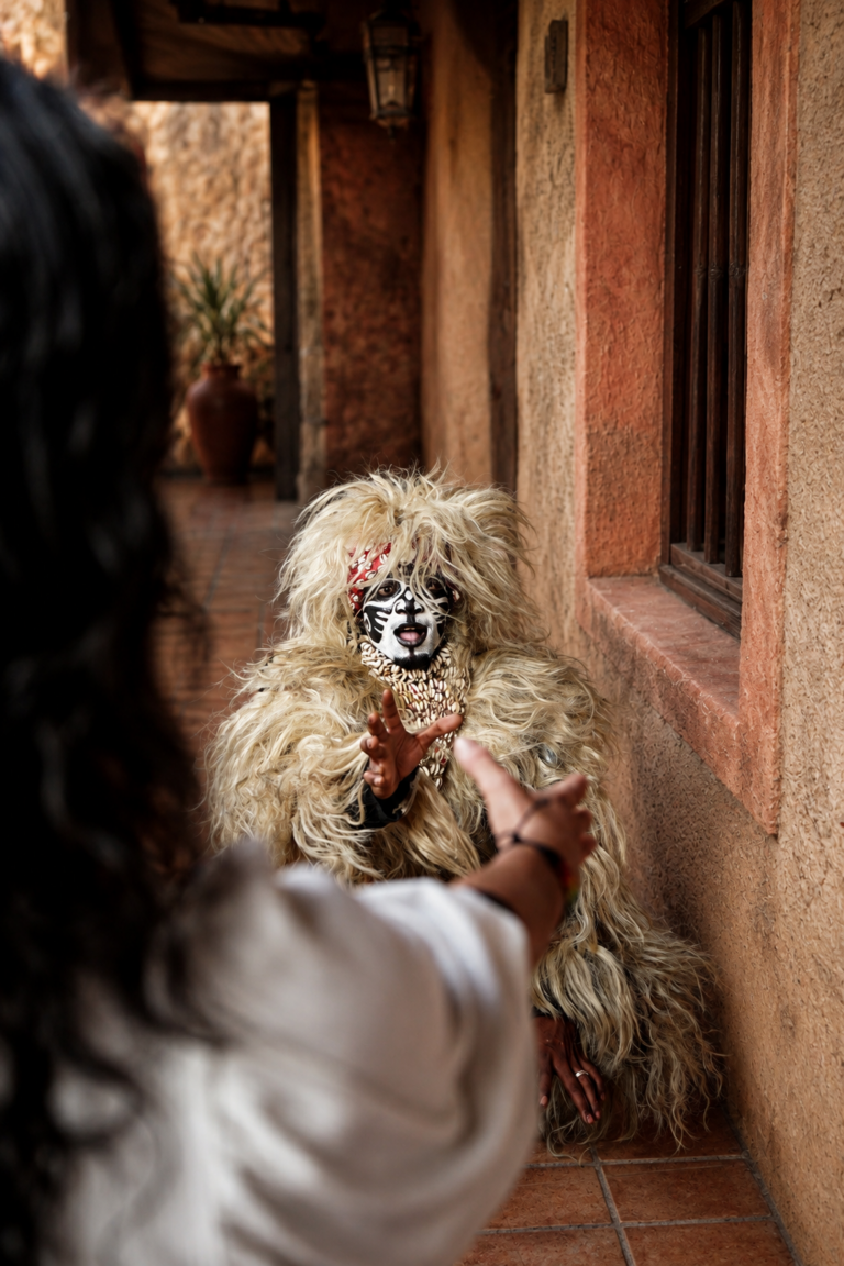 Hombre león del Simb con el rostro pintado y traje de fibras, en un patio